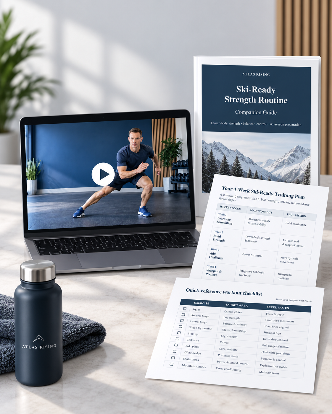 Atlas Rising Ski-Ready Strength Routine shown on a laptop with the companion guide, training plan and workout checklist